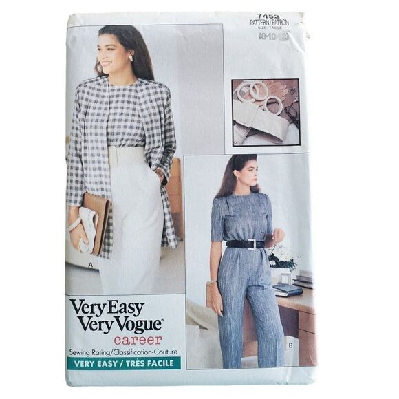 Vintage 80s Vogue Pattern 7452 Uncut Jumpsuit Jacket 8 10 12 - Picture 2 of 4